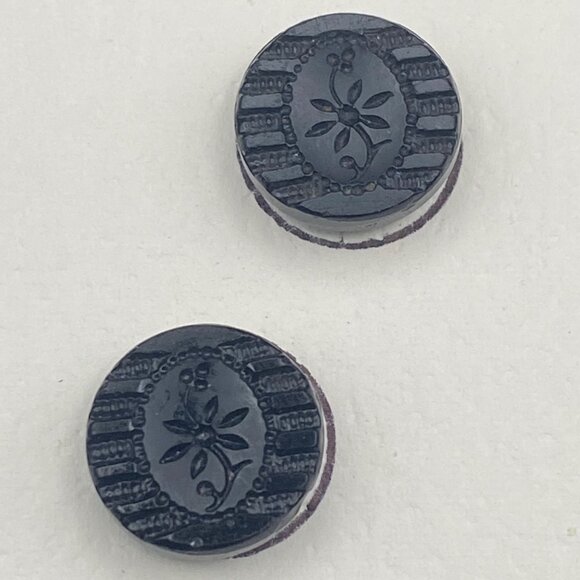 Antique Black Glass Buttons Set Of 3 Victorian Jet Floral Design Self Shank - Picture 3 of 8